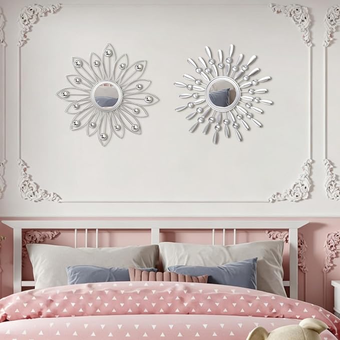 2 Pack Metal Mirrors for Wall Boho Sunburst Wall Mirror Home Decor Modern Decorative Wall Art for Bedroom Living Room Entryway