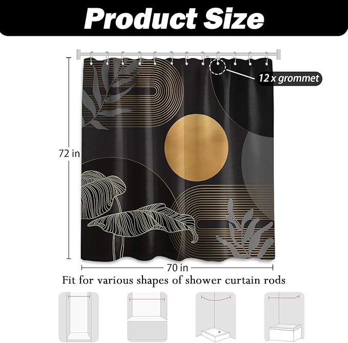 Black and Gold Shower Curtain Dark Mid Century Modern Boho Shower Curtains for Bathroom Decor MCM Masculine Cool Bath Curtain Set, Waterproof Fabric with Hooks 70 x 72 Inch