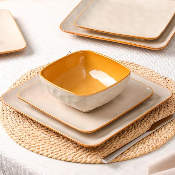 vicrays Ceramic Square 12 Pieces Dinnerware Set - Dinner Plates Salad Plates Cereal Bowls Set Service for 4 - Scratch Resistant Microwave Oven Dishwasher Safe - Beige