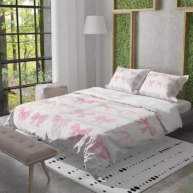 Trendy Pink Bows Duvet Cover Twin Size Pink Bowknot Bedding Set,Dreamy Princess Style Kids Girls Super Soft Bedding Set for Adults Teens Funky Preppy Girly Room Decor Coquette Decor 68"x88"
