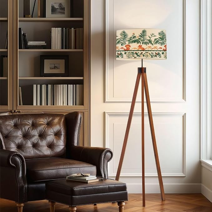 Wood Tripod Floor Lamp Tropical palm tree Asian tiger long seamless border Cute jungle repeat Mid Century Standing Lamp Linen Shade Dimmable Modern Tall lamp Home Decor for Living Room Bedroom Office