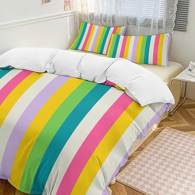 Rainbow Duvet Cover Set, Rainbow Lines Pattern Spectrum of Colors Abstract Art Decorative，Aesthetic Abstract Art Bedding 3 Piece (1 Duvet Cover 102"x90" + 2 Pillow Sham 20"x30")