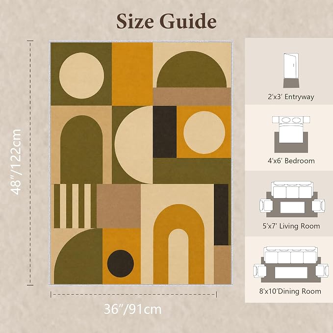 Olive Bauhaus Area Rug 3x4, Mid Century Modern Geometric Rug, Mustard Green Abstract Color Block Washable Low Pile Non Slip Rug for Living Room Bedroom