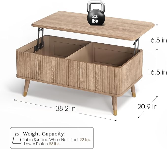 Lift Top Coffee Table with Storage, Mid Century Modern Rectangular Center Table, Fluted Design with Hidden Compartment, Rising Desk for Work from Home, Living Room Furniture, Oak Finish