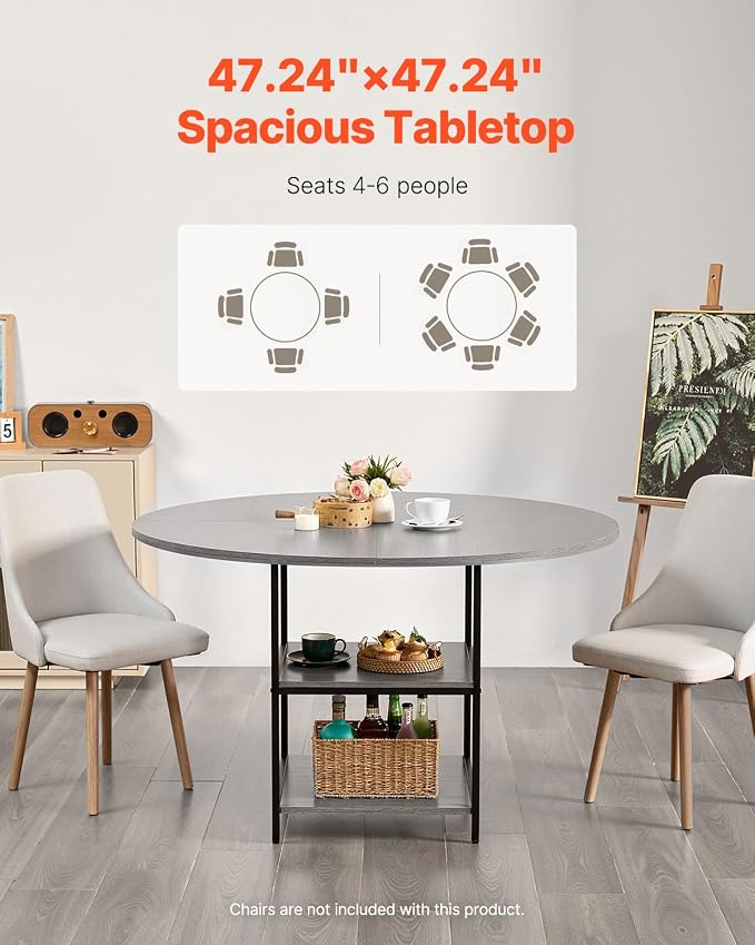 VEVOR Round Dining Table, 47 inch Wood Table for 4-6 Person, Modern Circle Dinner Furniture, Leisure Tables with Storage Shelf and Metal Legs, for Home Kitchen Living Room, Grey (Only Table)