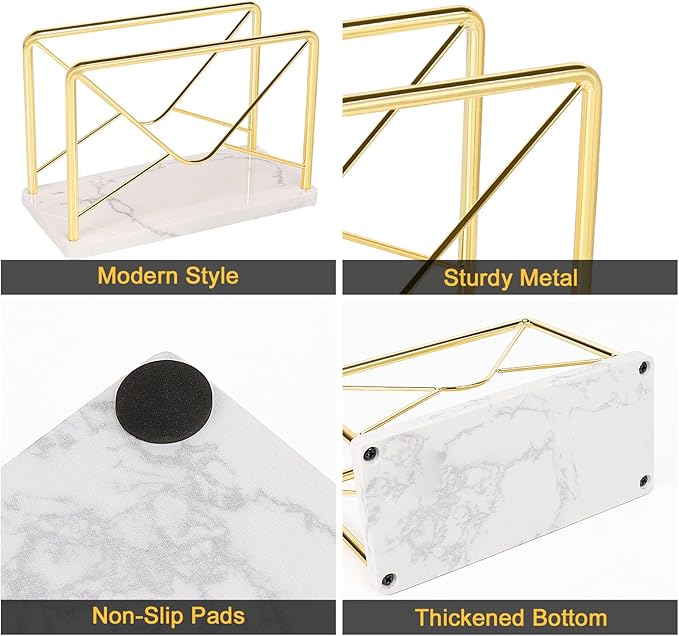 Modern Mail Holder for Home Office, Metal Letter Organizer Sorter for Desk, Cutout Mail Envelope Design, Bill Filling Paper Document Rack, Envelope Storage Rack with Marble Base (Gold)