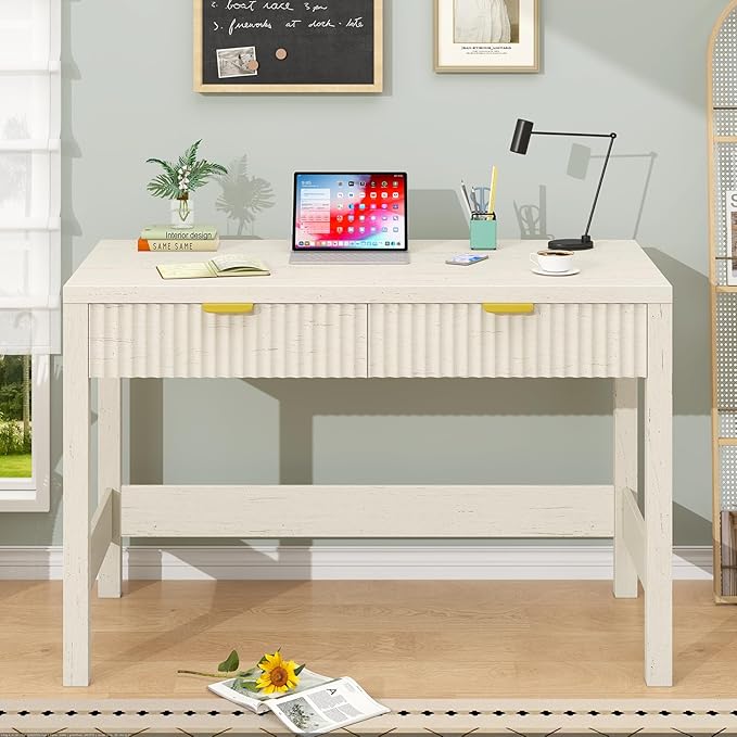 YOMILUVE Fluted Computer Desk with 2 Drawers, 39 Inch Small Computer Desk with Storage, Compact Writing Study Vanity Desk for Small Spaces, White