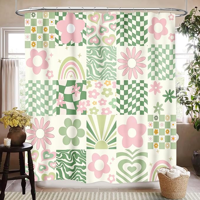 70s Floral Shower Curtain for Bathroom,Rustic Hippie Green Groovy Rainbow Swirl Checkered Cute Funky Trippy Vintage Boho Waterproof Fabric Shower Curtain Set with Hooks, 72"x72"