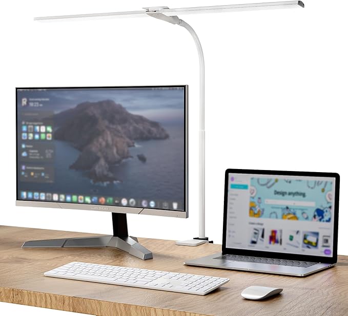 LED Desk Lamp with Clamp, Double Head Desk Light for Home Office, Dimmable Desktop Light, 12W 1400lm Eye-Caring Architect Table Lamp for Workbench Monitor Computer Reading Study, White