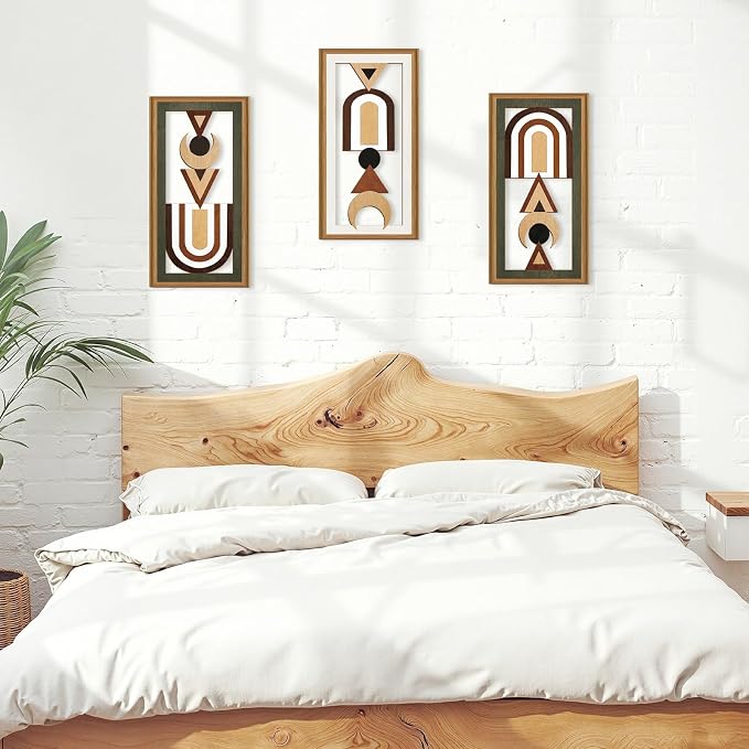 Ausril Geometric Aztec Wall Art,Minimalist Boho Geometric Wall Decor,Abstract Bohemian Wood Decor,Natural Modern Artwork,Mid Century Line Art Set,Modern Geometry Artwork for Living Room Bedroom Office