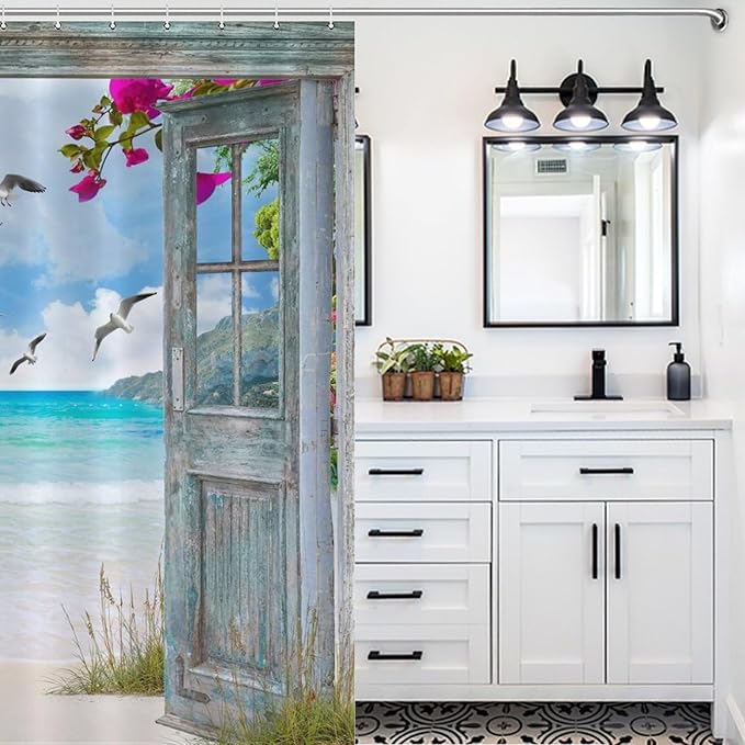 Ocean Beach Shower Curtains,Farmhouse Scenery Sea Wave Retro Wood Rustic Nature Landscape Bathroom Decor Polyester Fabric Waterproof Bathroom Curtain with Hooks,72x78Inch