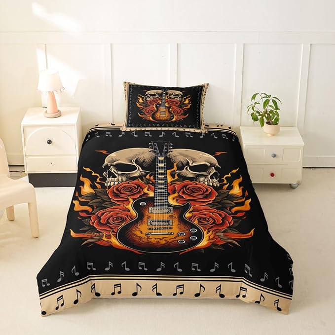 Erosebridal Guitar Rose Toddler Duvet Cover for Teens Boys - Floral Gothic Skull Flame Bedding Set Punk Rock Roll Music Comforter Cover,Vintage Musical Notes Bed Set