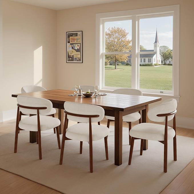 Farmhouse Dining Chairs Set of 8, Mid Century Modern Fabric Upholstered Kitchen Chairs, Wooden Dining Room Chair with Curved Back for Kitchen Dining Room Restaurant Cafe, Warm Gray (Only Chairs)