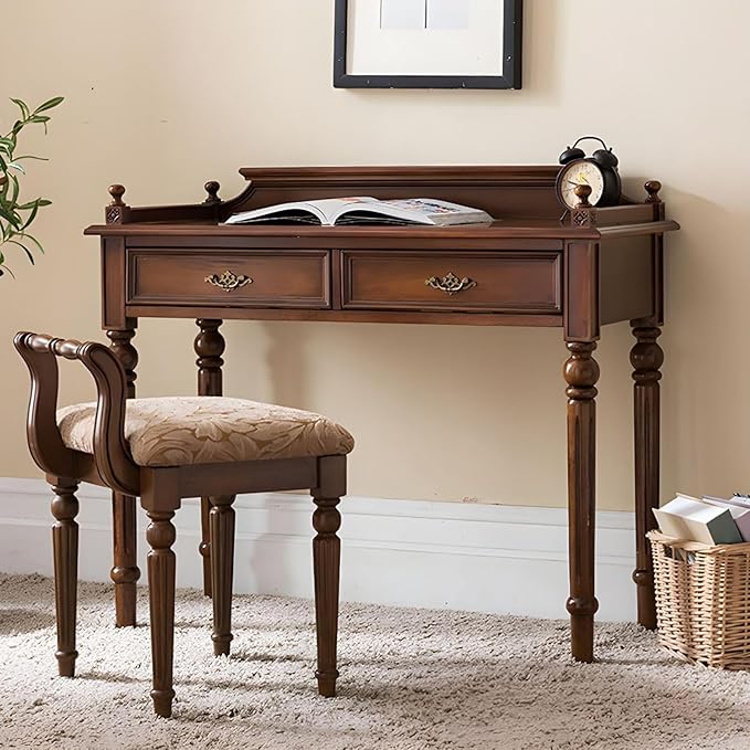 Mid-Century Home Office Desk with 2 Drawers, Storage Vanity Dressing Table with Stool, Solid Wood Wide Writing Study Desk, Computer Desks for Bedroom Living Room(Khaki)
