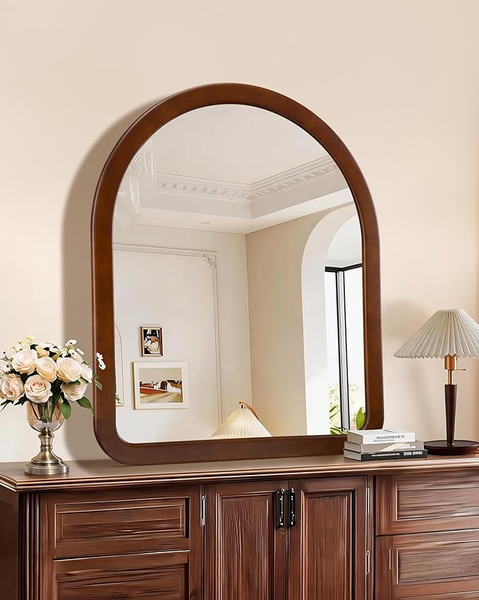 Arched Mirror 30 x 36 Inch,Walnut Brown Wood Rustic Bathroom Tempered Wall Mirror with Wood Frame,Round Corner Arch Farmhouse Wooden Vanity Mirror for Living Room,Entryway or Bedroom