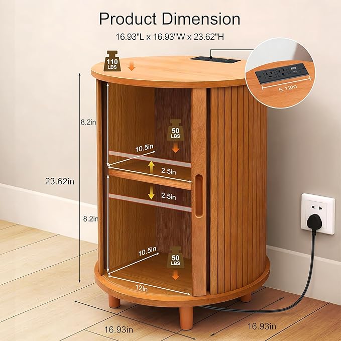 DHH End Table Set of 2 with Storage & Charging Station, Fluted Accent Side Table with Sliding Door & Adjustable Shelf, Mid-Century Nightstand for Small Spaces, Living Room, Bedroom(2, Yellow Walnut)