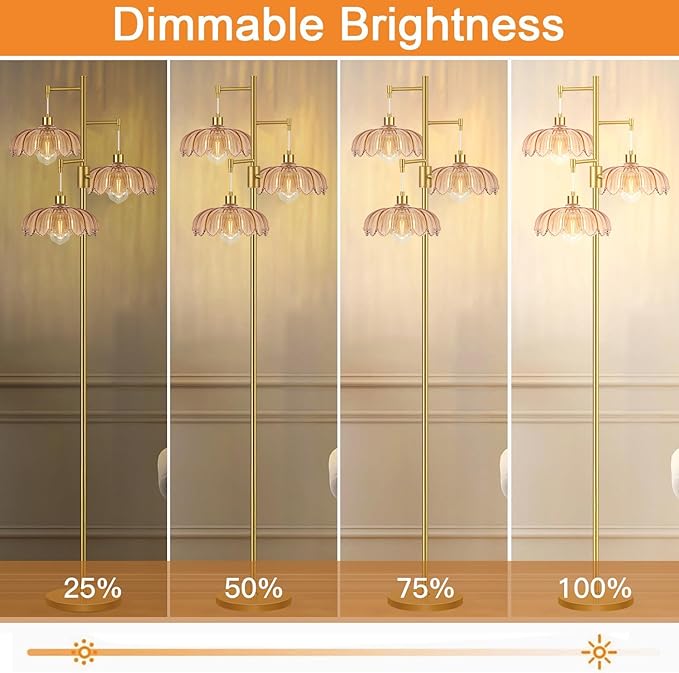 Dimmable Floor Lamp for Living Room Bedroom-3 Light Gold Floor Lamp with Glass Lampshape, Flower Tall Lamp Mid Century Modern Standing Lamp Glass Tree Floor Lamps for Living Room Bedroom,Corner