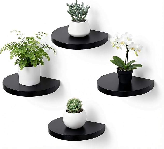 Small Wood Floating Shelves (4-Pack, 6-inch Diameter) - Round Sturdy Invisible Wall Mount Display for Small Plants,Toys,Bathroom,Living Room Storage & Modern Rustic Décor (Black)