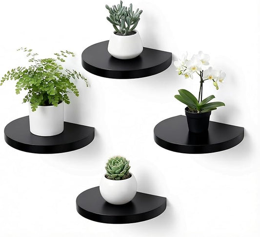 Small Wood Floating Shelves (4-Pack, 6-inch Diameter) - Round Sturdy Invisible Wall Mount Display for Small Plants,Toys,Bathroom,Living Room Storage & Modern Rustic Décor (Black)