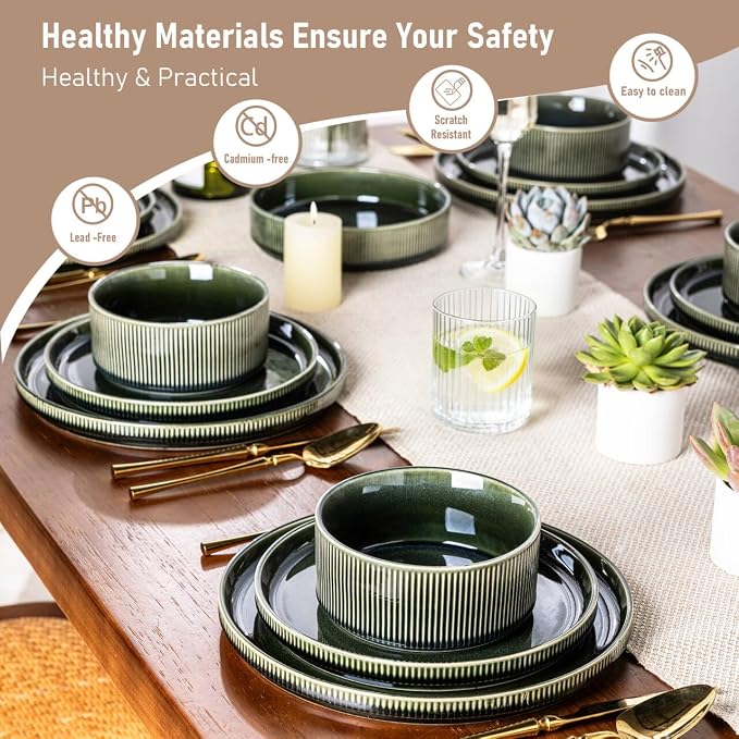 GBHOME 12-Piece Stoneware Dinnerware Set for 4 – Ribbed Ceramic Plates and Bowls, Scratch-Resistant, Microwave & Dishwasher Safe, Reactive Glaze, Mossed Jade