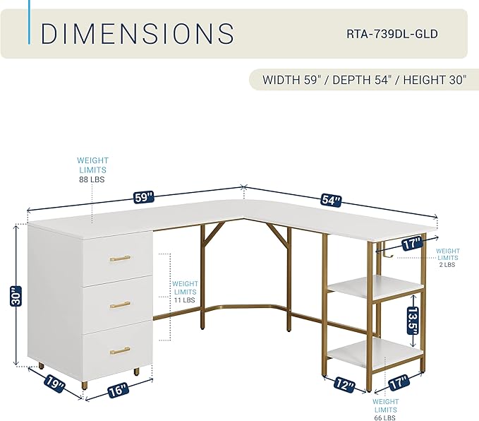 Techni Mobili L Shaped Desk - Two-Toned Computer Desk with Drawers & Storage Shelves - Simple Modern Furniture & Home Office Space Corner Table for Work & Writing