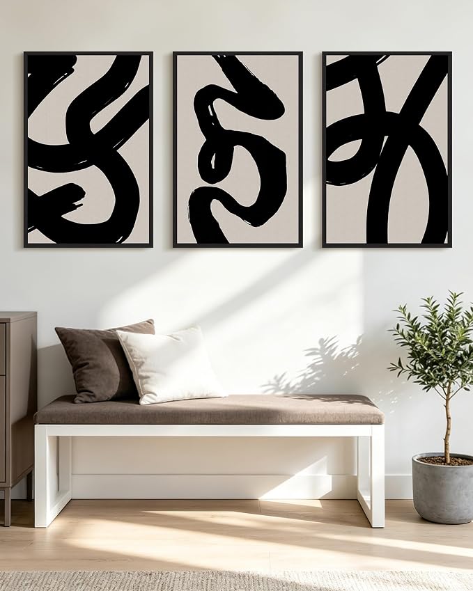 KUVIOKE Black Abstract Framed Wall Art Ink Wash Minimalist Lines Canvas Painting Artwork for Bedroom Hallway 24x36in (Black Framed)