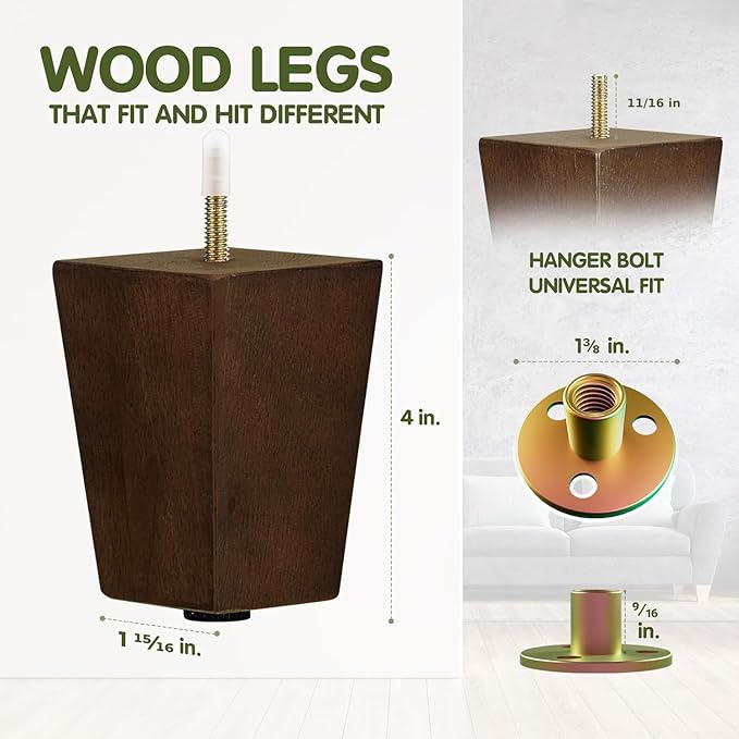 Yes4All 4-Inch Square Wooden Furniture Legs Set of 4, Brown Mid-Century Modern Feet for Sofa, Ottoman, Bench, Dresser, and Table Risers with Adjustable Levelers for Stability and Floor Protection