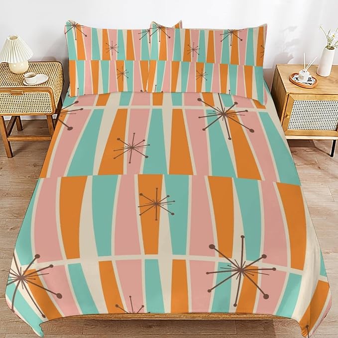 Modern Mid Century Duvet Cover Queen Retro Atomic Bedding Set, Rainbow Grid Comforter Cover Vintage Fifties 1950s Bed Set，Abstract Art Bedding 3 Piece (1 Duvet Cover 102"x90" + 2 Pillow Sham 20"x30")