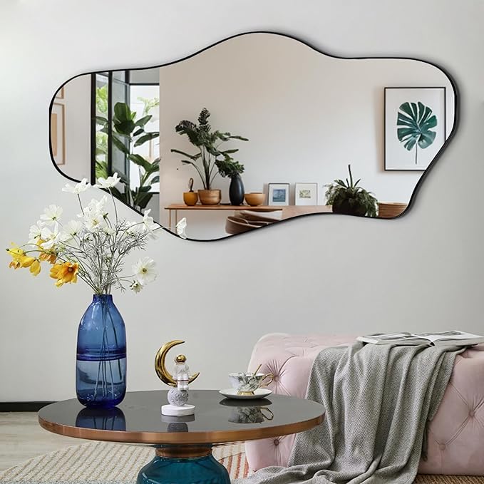Irregular Wall Mirror, 47"x25" Asymmetrical Aesthetic Mirror with Black Metal Frame, Organic Mirrors for Entryway Hallway Living Room Bathroom Bedroom, Horizontal or Vertical Hanging