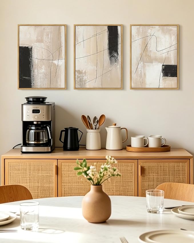 KUVIOKE Abstract Framed Wall Art Minimalist Beige Pastel Watercolor Neutral Wall Decor Modern Black Line Art Painting for Bedroom Dining Room 12x16in (Natural Framed)