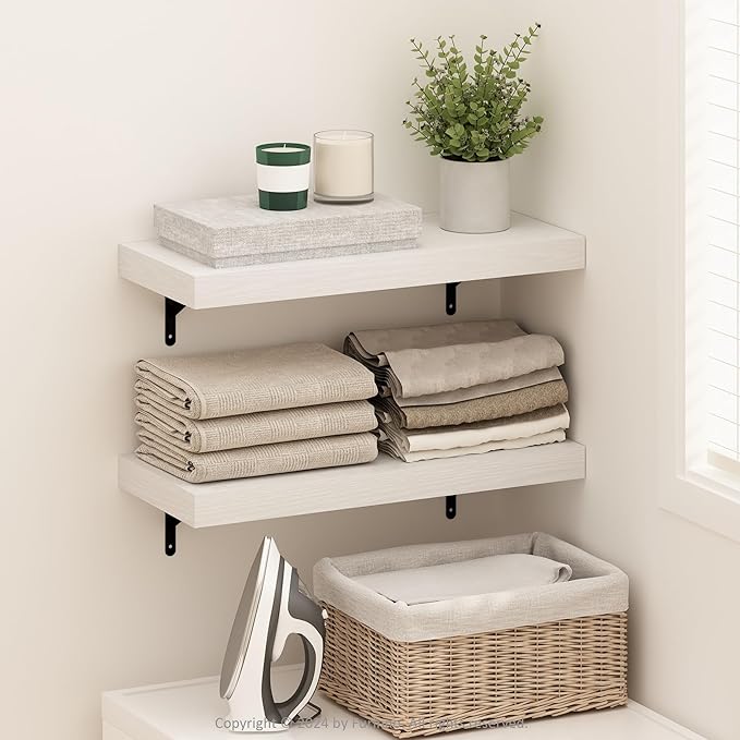 Furinno Tanna Floating Shelves for Wall Set of 2, 22-Inch Wall Shelf, Triple Thick Floating Mounted Shelf, for Bathroom, Home Office, Living Room, White Texture