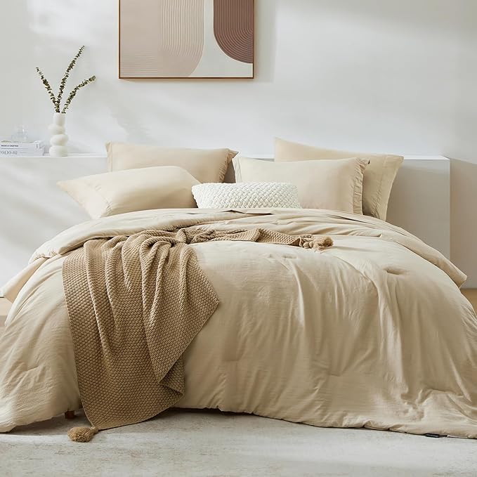 WRENSONGE California King Size Comforter Set- 7 Pieces Soft Beige Bed in a Bag California King with Fitted Sheet, Flat Sheet, 2 Pillow Shams, 2 Pillowcases, Warm Bedding Sets for All Season