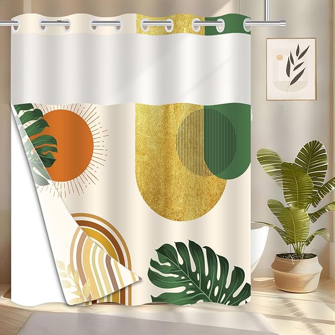 No Hook Shower Curtain,Orange and Green Plant,Rustic Farmhouse,Modern Geometric Sun,Mid Century Shower Curtains with High Visibility Window,White Lining is Detachable,71x74inch