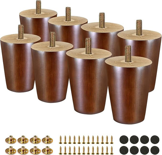 FoDau770 Brown Rubber Wood Furniture Legs 3 Inches, Straight Tapered Wood Feet Mid Century Sofa Legs Set of 8, 5/16" UNC Furniture Feet for Cabinet Couch Dresser Chair Ottoman Table