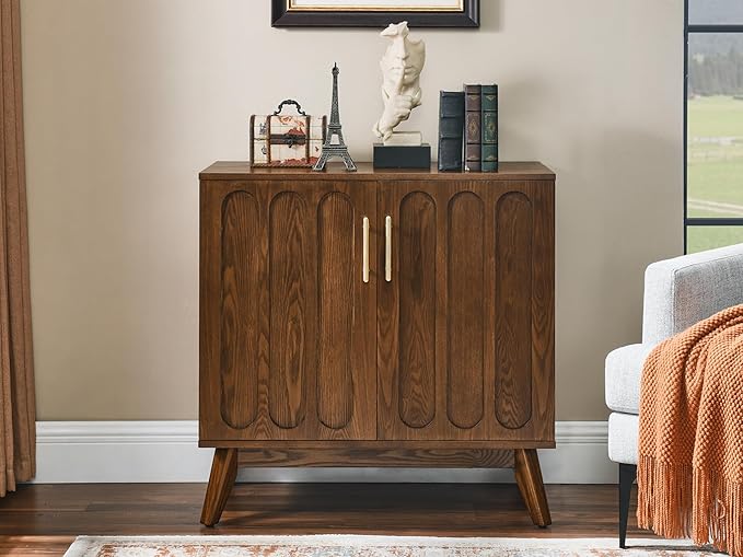 LKTART Sideboard Buffet,Mid Century Modern Storage Cabinet with Doors and Shelves, Boho Style Wooden Buffet Cabinet for Living Room,Walnut