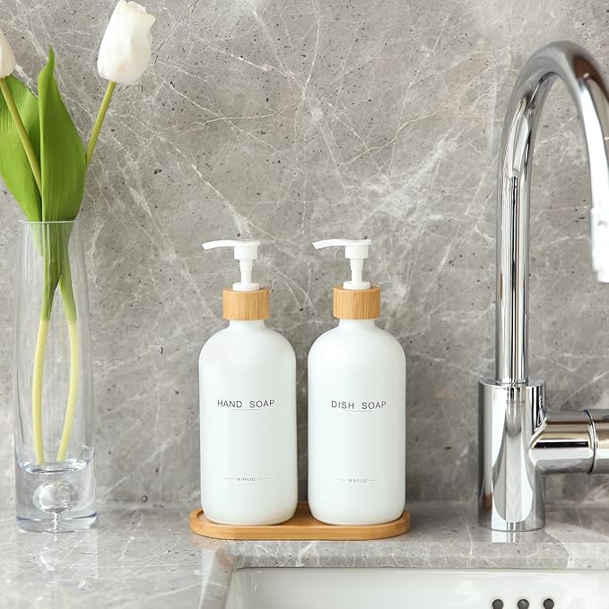 Kitchen Soap Dispenser Set, Hand and Dish Soap Dispenser for Kitchen Sink (White)