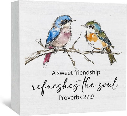 Christian Friendship Gifts for Women, a Sweet Friendship Refreshes the Soul Bird Wooden Box Signs, Best Friend Bestie BFF Gifts, Bible Verse Wood Sign Home Decor for Desk Table Shelf 5x5 Inch