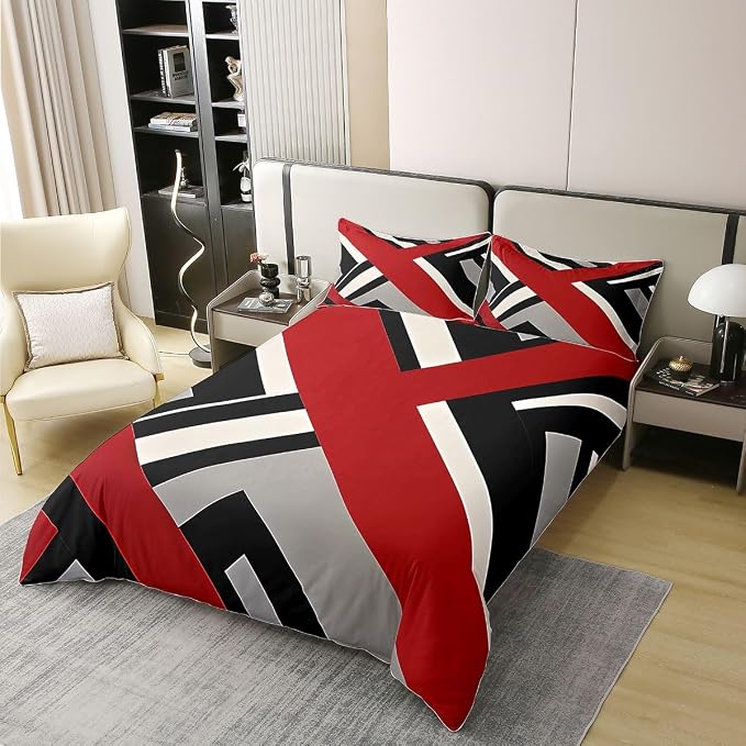 Erosebridal Red Black Grey Bedding Set King Geometric Triangle Stripe 100% Cotton Duvet Cover Simple Lines Comforter Cover for Kids Teens Adults Nordic Style Bed Set 3 Pcs