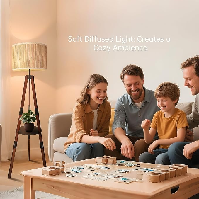 Floor Lamps for Living Room Tripod Floor Lamp Natural Raffia Straw Shade Tall Standing Lamp, Dimmable Industrial Reading Light for Living Room, Bedroom, Office