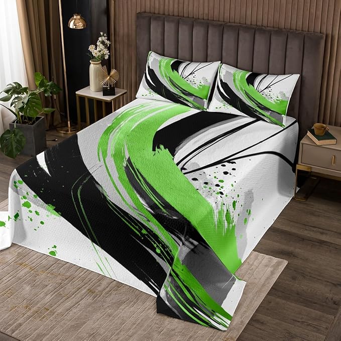 Erosebridal Black and Green Kids Coverlet Set | Modern Geometric Striped Quilt Set for Boys Girls Boho Contemporary Watercolor Graffiti Quilts Minimalist Aesthetic Art Bedding Sets King 3Pcs