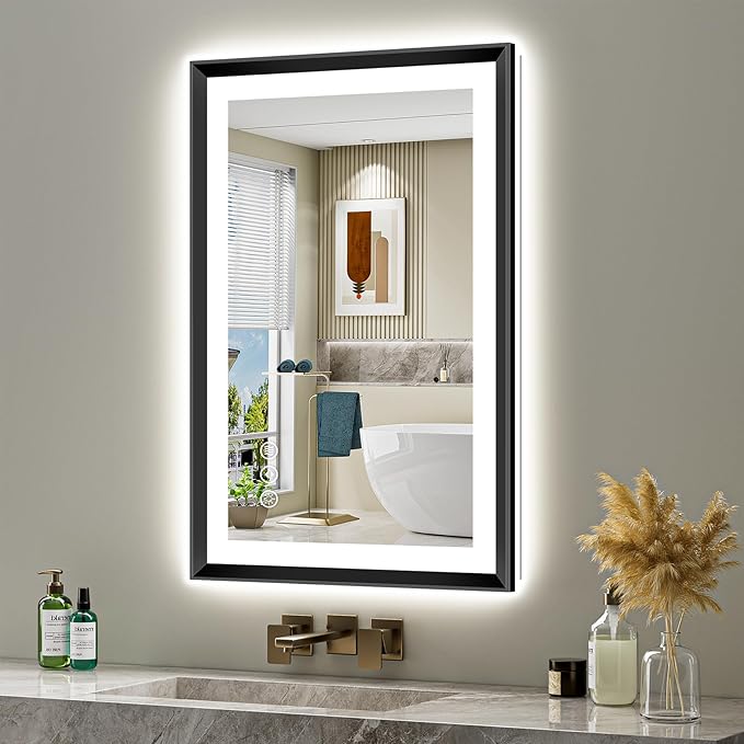 24x32 Black Framed LED Bathroom Mirror with Lights, Backlit and Front Light, Lighted Bathroom Vanity Mirror for Wall Dimmable Anti-Fog Memory Tempered Glass Horizontal/Vertical