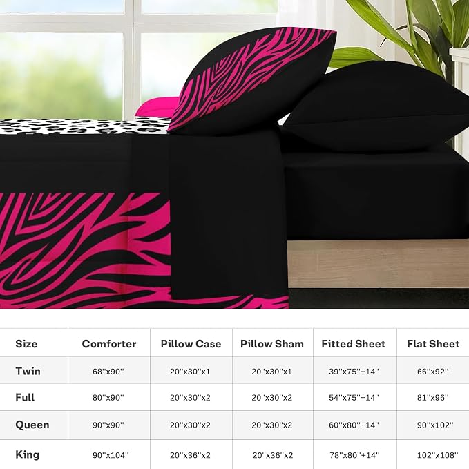 Nesker Comforter Set Queen Size, Leopard Color Block Pink 7 Pcs Bedding for Kids and Adults, Wild Zebra Print Bed Sheet Sets with Fitted Sheet 2 Pillowcases & 2 Shams