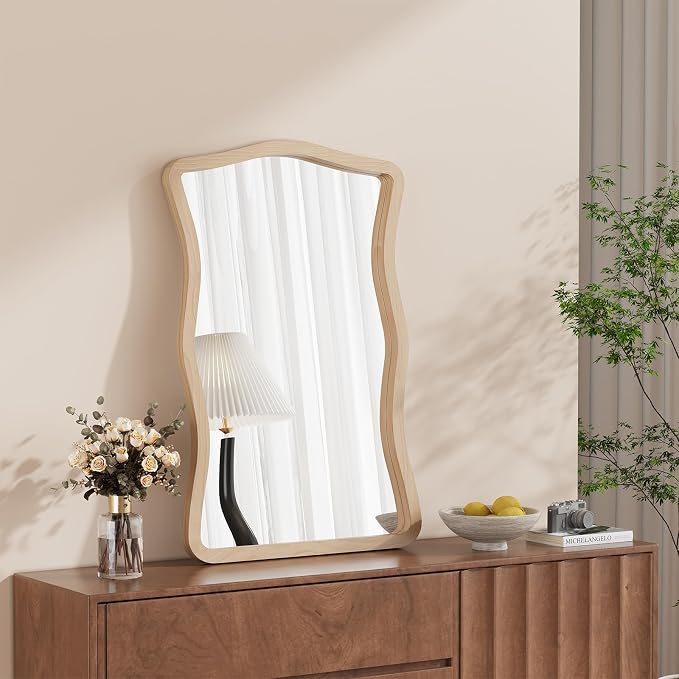ULIKE Wavy Wall Mirror for Bathroom, 24x36 Wood Frame Mirror for Over Sink, Rustic Wall Mirrors Decorative and Vanity Mirrors for Bedroom Living Room Entryway, Natural
