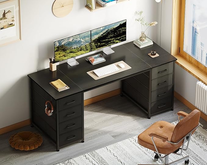 ODK 55 Inch Computer Desk with 8 Fabric Drawers, Modern Office Desk with Large Storage for Home Office, Study, Gaming, Black