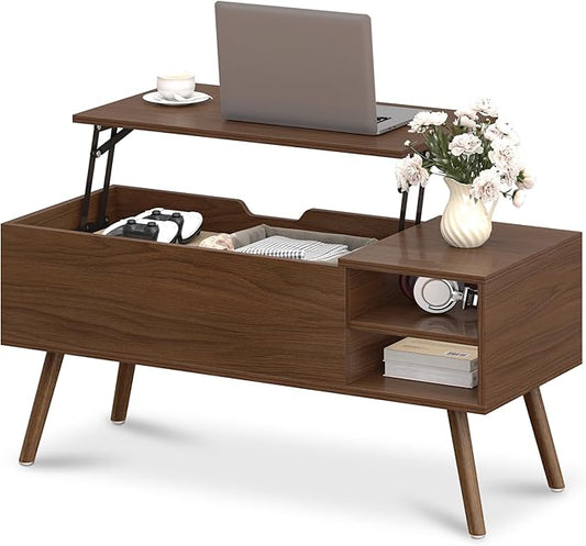 ALINE FURNITURE Walnut Brown Coffee Table Lift Top - Mid Century Modern Coffee Table with Wooden Legs, Hidden Storage Compartment & Open Shelves - 40" Wood Coffee Tables for Living Room & Small Space