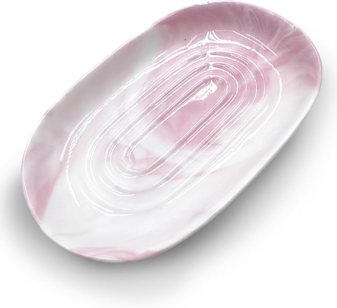 Soap Dish, Ceramic Soap Dish with Marble PatternShower, Soap Saver Tray for Bathroom, Kitchen Sink & Vanity, Multi-Use Holder for Jewelry, Rings, Keys (1 Pack, Pink-White)