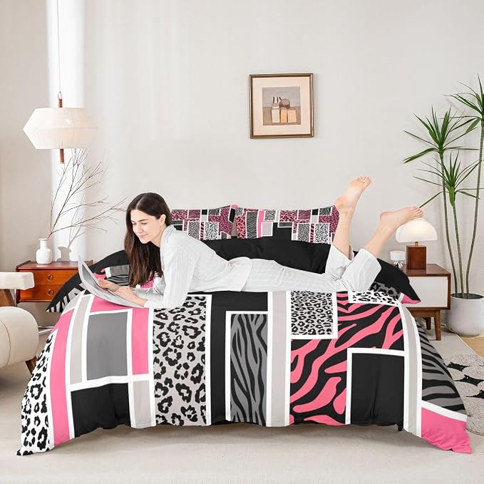 Erosebridal Leopard Print Toddler Duvet Cover Cheetah Zebra Skin Print Bedding Set Pink Black Animals Fur Rustic Comforter Cover for Kids Teen Adults,Geometric Square Patchwork Bed Set