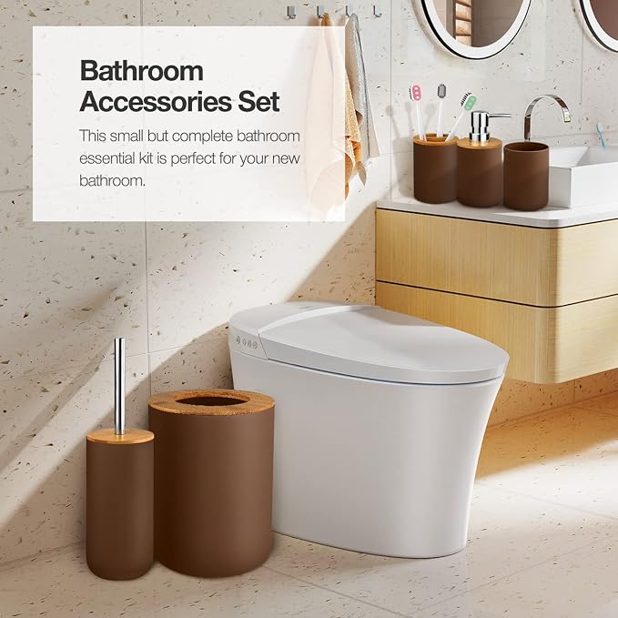 Bathroom Accessory Set, 6 Pcs Bathroom Essential Includes Toothbrush Holder, Toilet Brush with Soap Dispenser, Toothbrush Cup, Soap Dish, Trash Can (Brown, Bamboo)