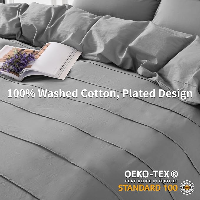 NEXHOME PRO 100% Organic Cotton Duvet Cover Queen Size, Linen Pleated Textured Duvet Cover Set Light Grey, 3pc Bedding Set with Zipper Closure, Soft, Lightweight and Breathable 90"x90", No Comforter