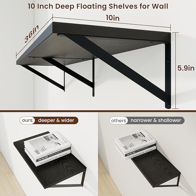 Axeman Deep Floating Shelves | 36 Inch Black Wall Shelves Set of 2 | 10 Inch Deep Wood Floating Shelves for Wall | 36" W x 10" D Black Shelves for Living Room Bathroom Kitchen